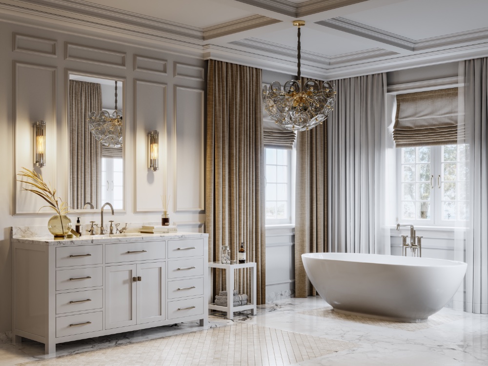 Luxury marble primary bath with freestanding tub