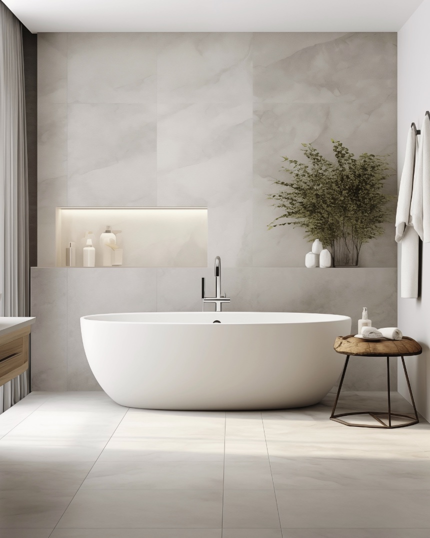 Finished spa bath with freestanding tub and marble tile