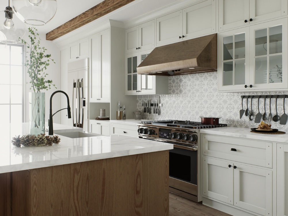 Custom kitchen with marble waterfall island and copper hood